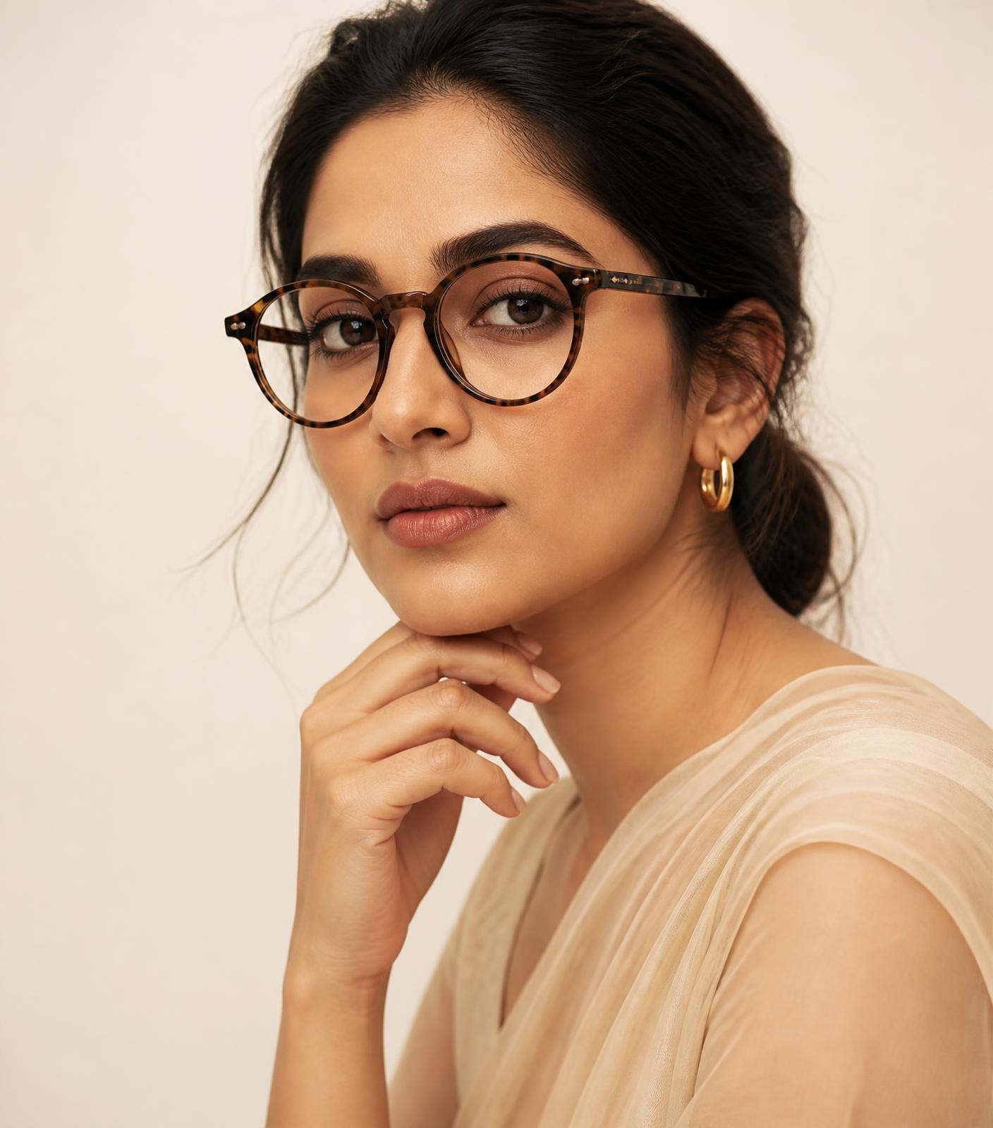 Woman wearing premium round eyeglasses from Eye Care Opticals